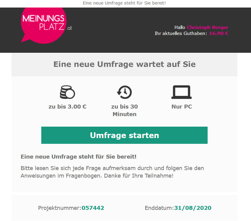 Beispiel Einladung Meinungsplatz - Geld verdienen mit Umfragen